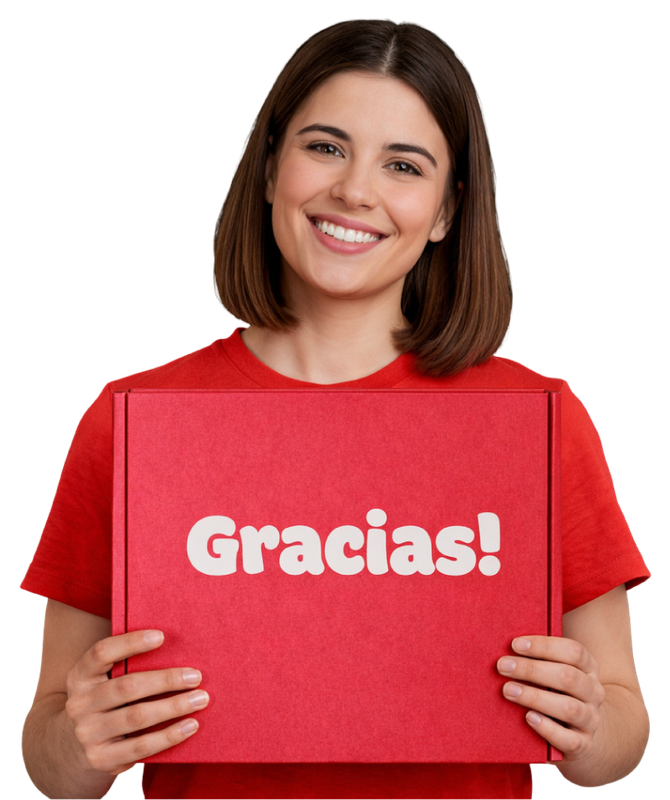 Uma pessoa vestindo uma camisa vermelha segura uma caixa vermelha com a palavra 