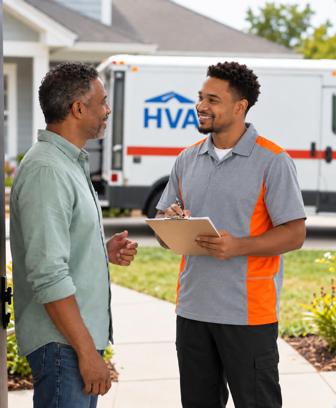Homeowner talking with an HVAC technician