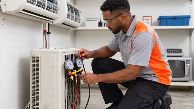 Technician kneeling to repair an HVAC unit, using tools beside an open wall-mounted system.