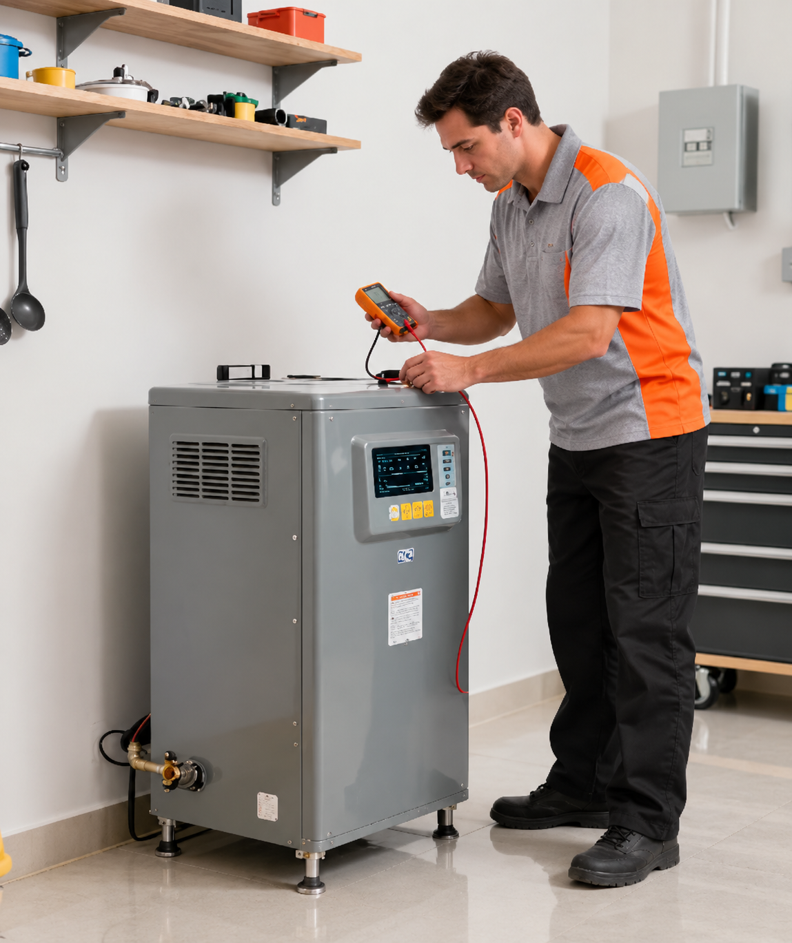 Technician repairing a residential furnace