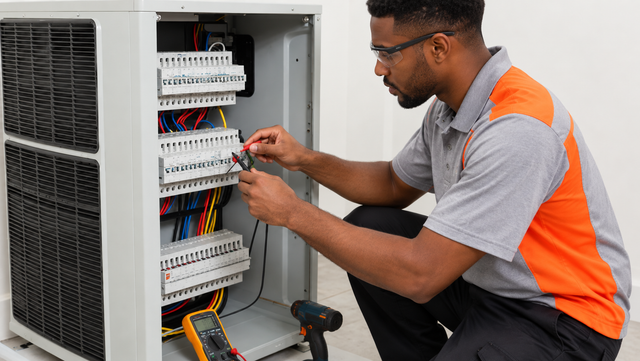 Technician wiring an electrical panel in an outdoor HVAC unit, wearing a gray and orange shirt.