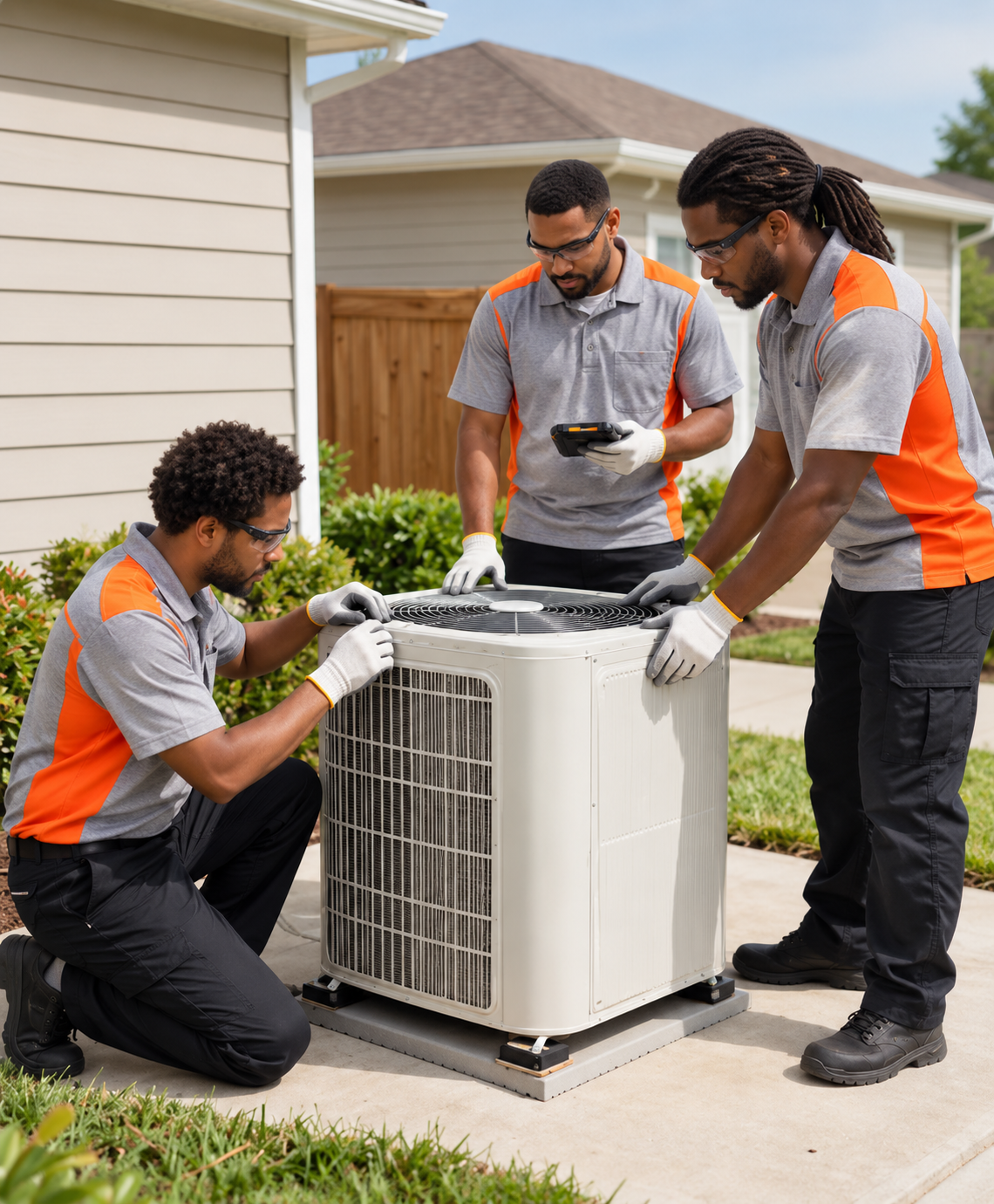 HVAC installation team replacing an outdoor unit