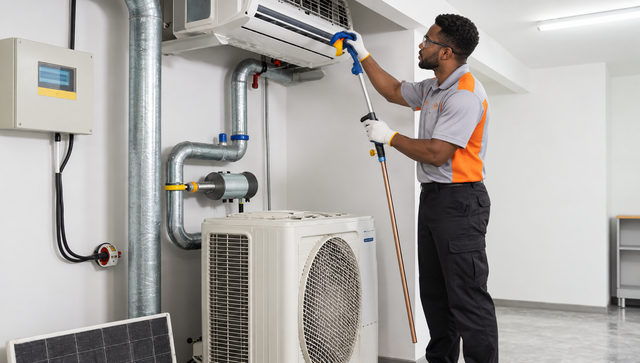 Technician servicing a wall-mounted HVAC unit in a bright utility room