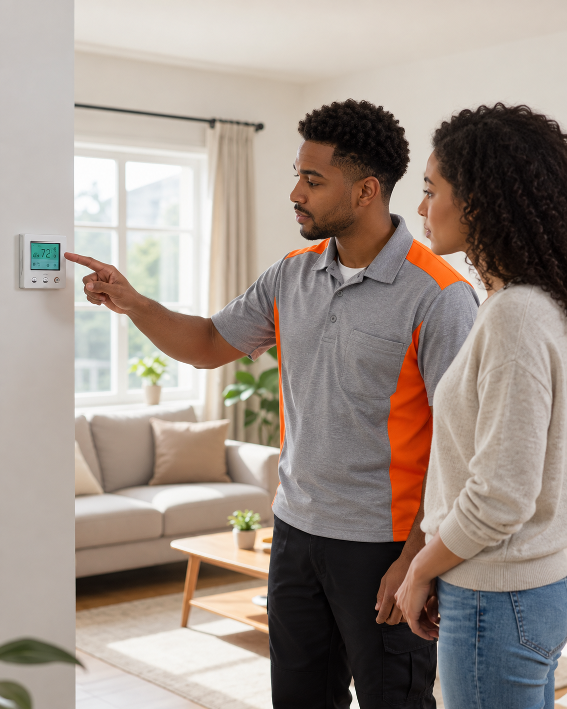Technician educating a homeowner about thermostat settings