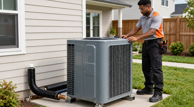 Technician servicing a gray outdoor air conditioner unit beside a house