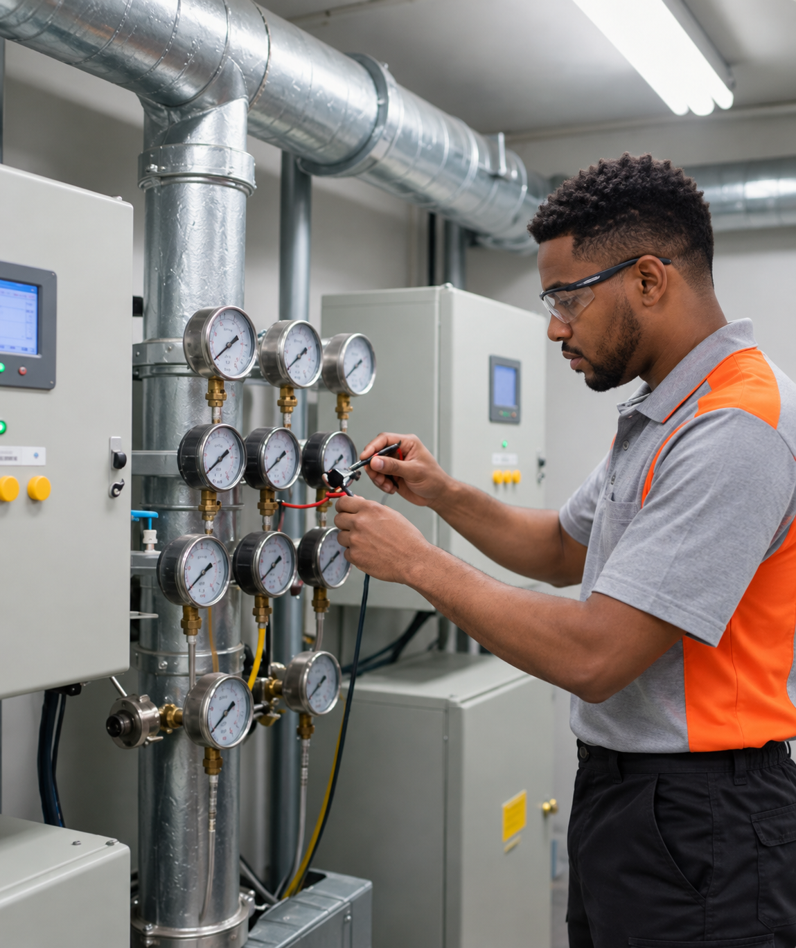 Technician performing an HVAC maintenance check