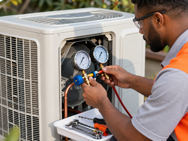 Technician servicing an outdoor air conditioner unit with gauges and tools attached