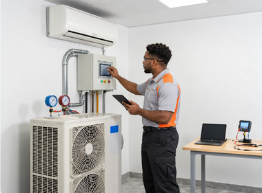 Technician using a touchscreen to service an HVAC unit in a clean workshop