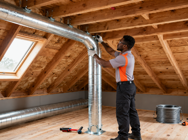 Worker installing silver ducting in an attic with exposed wood rafters and tools on the floor.