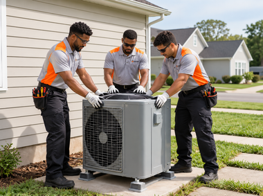 Three technicians installing an outdoor air conditioner beside a house