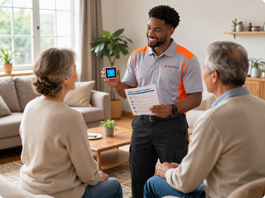 Technician showing a smart home device and brochure to two seated clients in a living room
