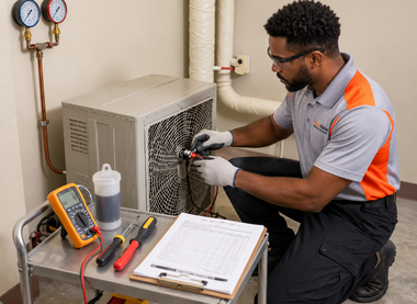 Technician inspecting an HVAC unit with gauges and tools in a utility room