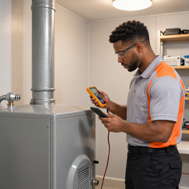 Technician using a multimeter to inspect a furnace in a utility room