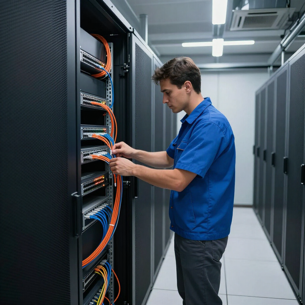 Technician in blue shirt wiring orange cables in a data center server rack