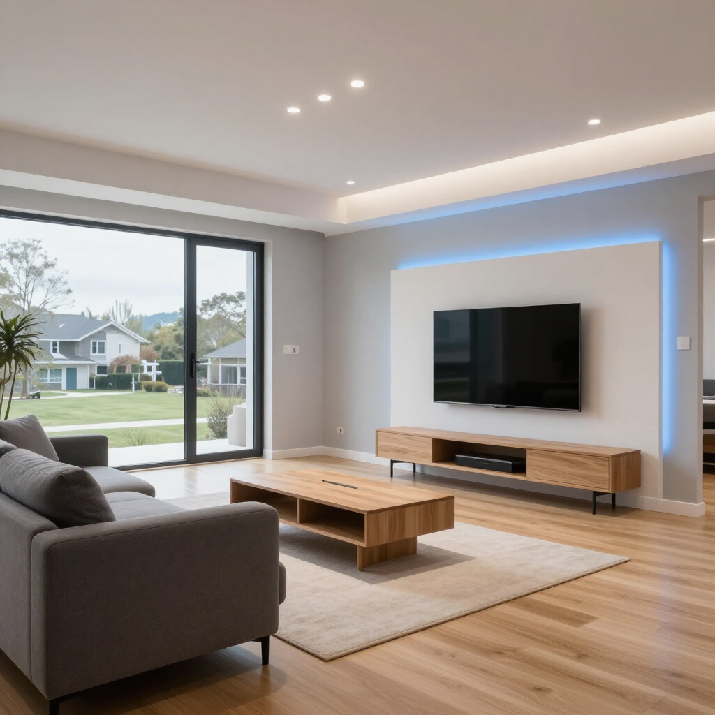 Modern living room with gray sofa, wooden coffee table, wall-mounted TV, and large sliding glass doors.