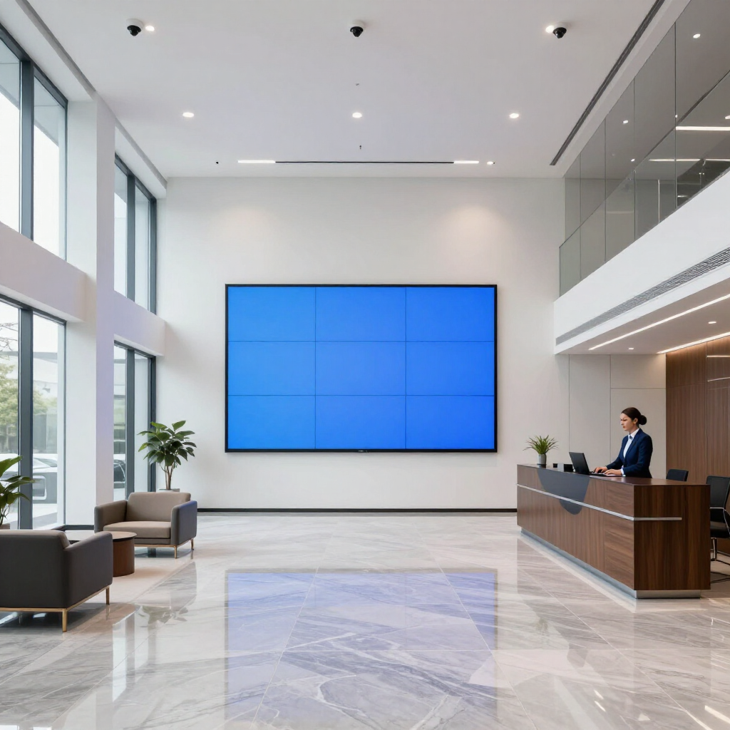 Modern office lobby with a large blue display wall and a receptionist desk