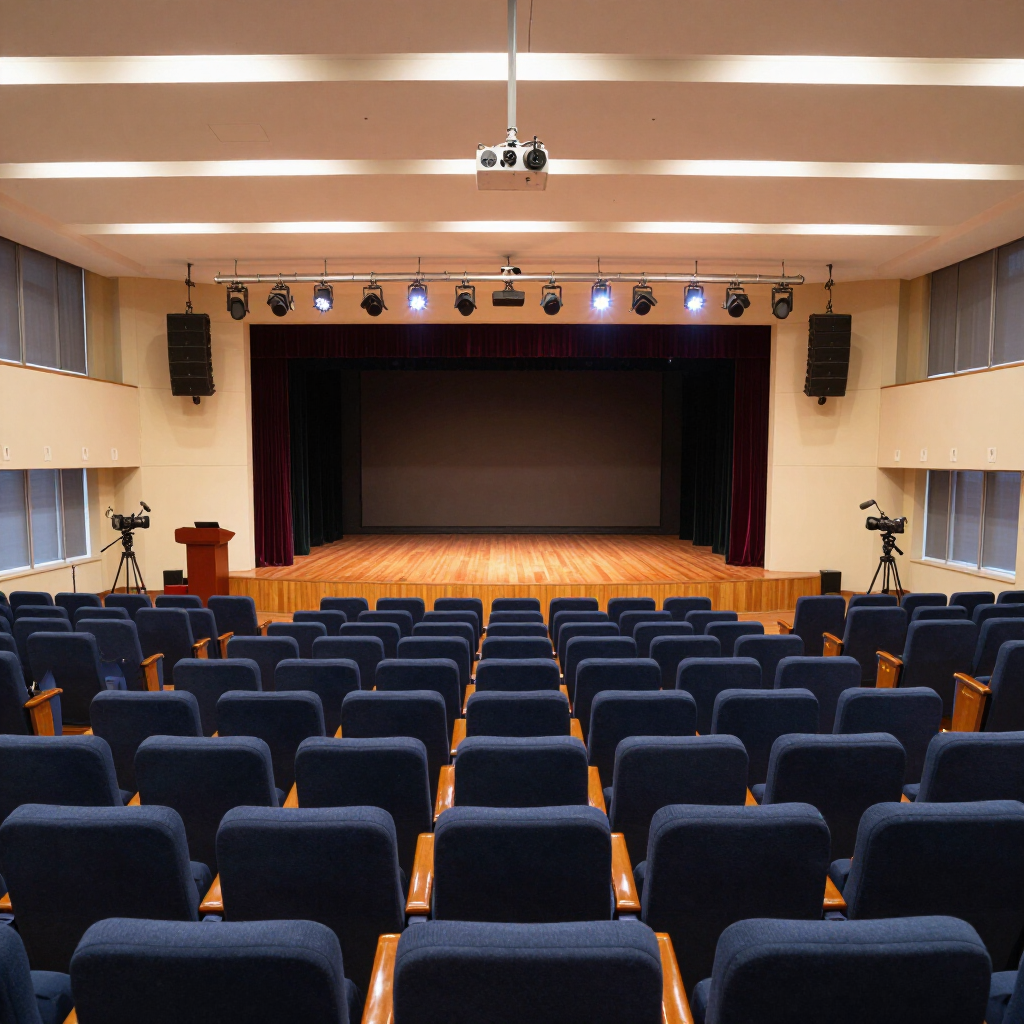Empty theater auditorium with blue seats, stage, red curtains, and overhead lights