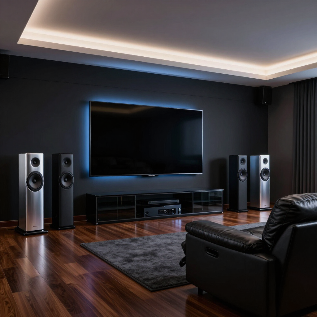 Modern home theater with wall-mounted TV, surround speakers, dark decor, and wood floors