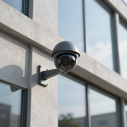 Security camera mounted on a building exterior beside large windows