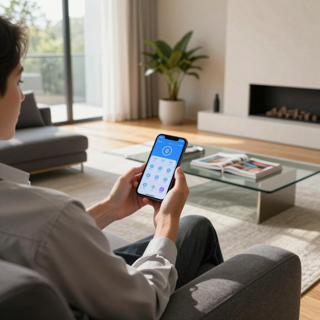 Person sitting on a sofa using a smartphone in a bright living room with a coffee table and plant.