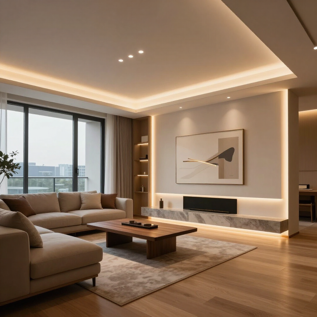 Modern living room with beige sectional, wood coffee table, warm ceiling lights, and large window view