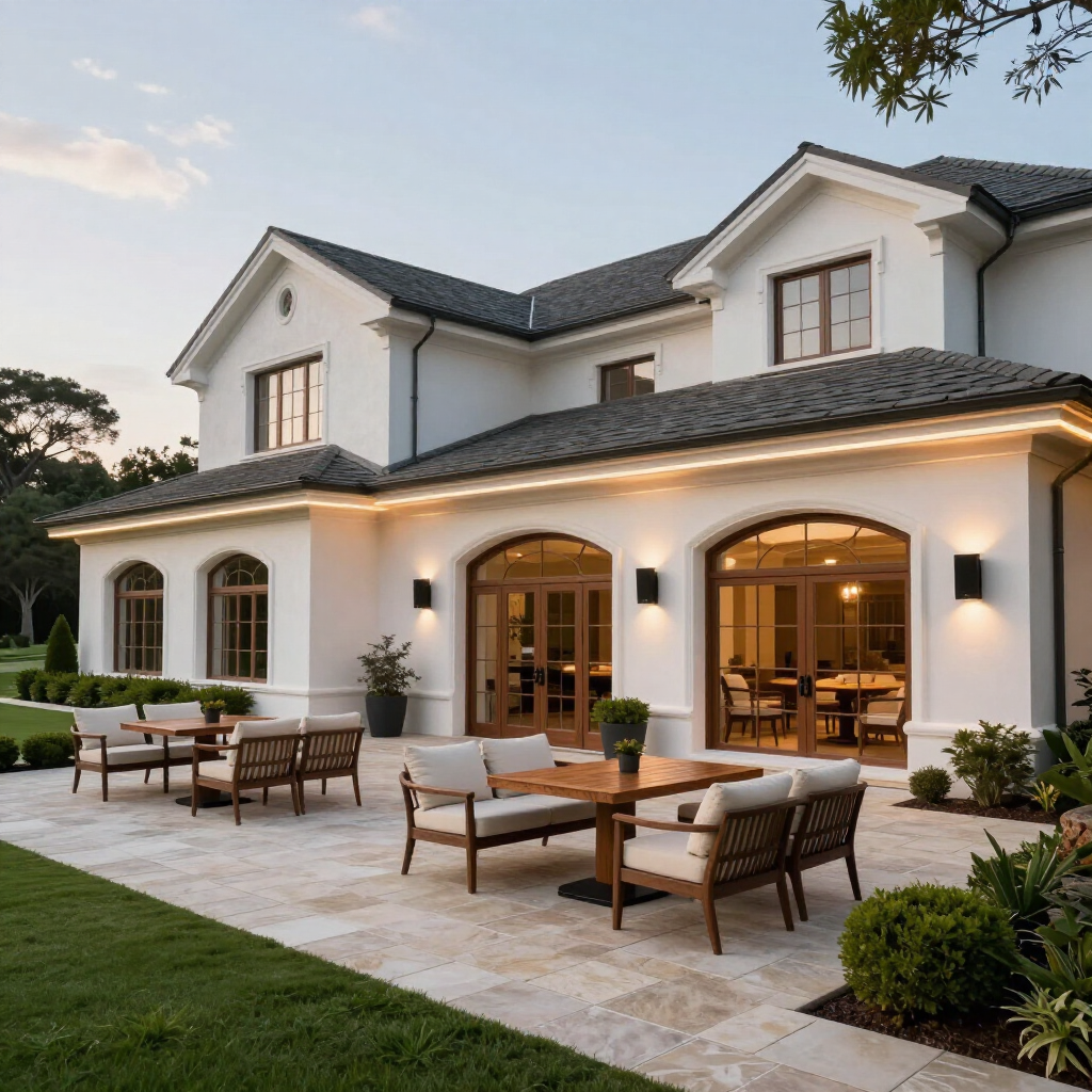 Elegant two-story white house with arched windows and a lit stone patio dining area at dusk