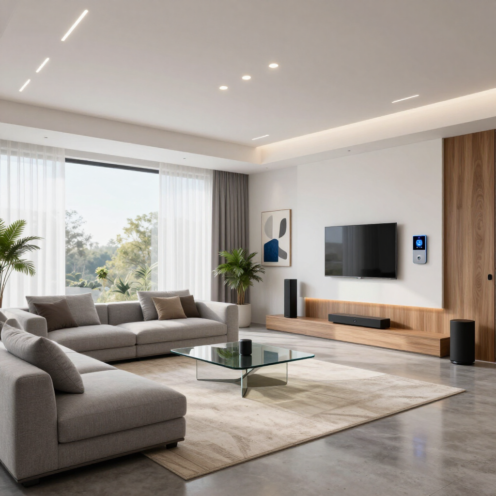Modern living room with gray sofas, glass coffee table, wall-mounted TV, and large windows with sheer curtains