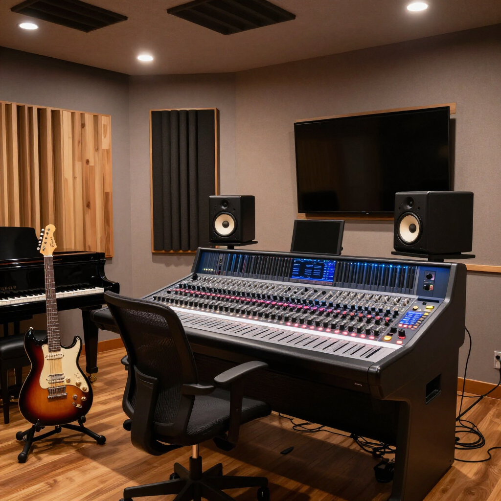 Recording studio with a large mixing console, guitar, speakers, and acoustic panels on the walls