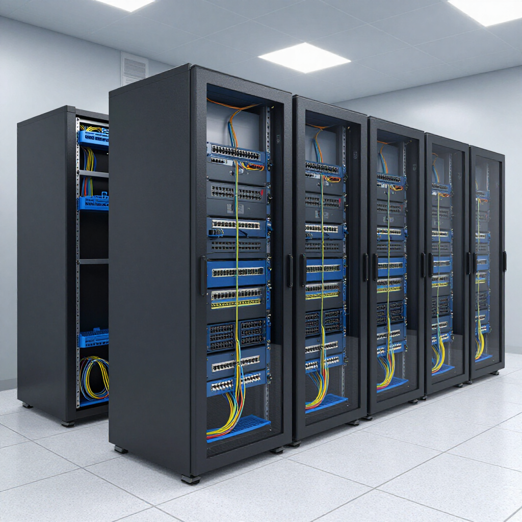 Row of black server racks in a bright data center with blue and yellow cables visible through glass doors