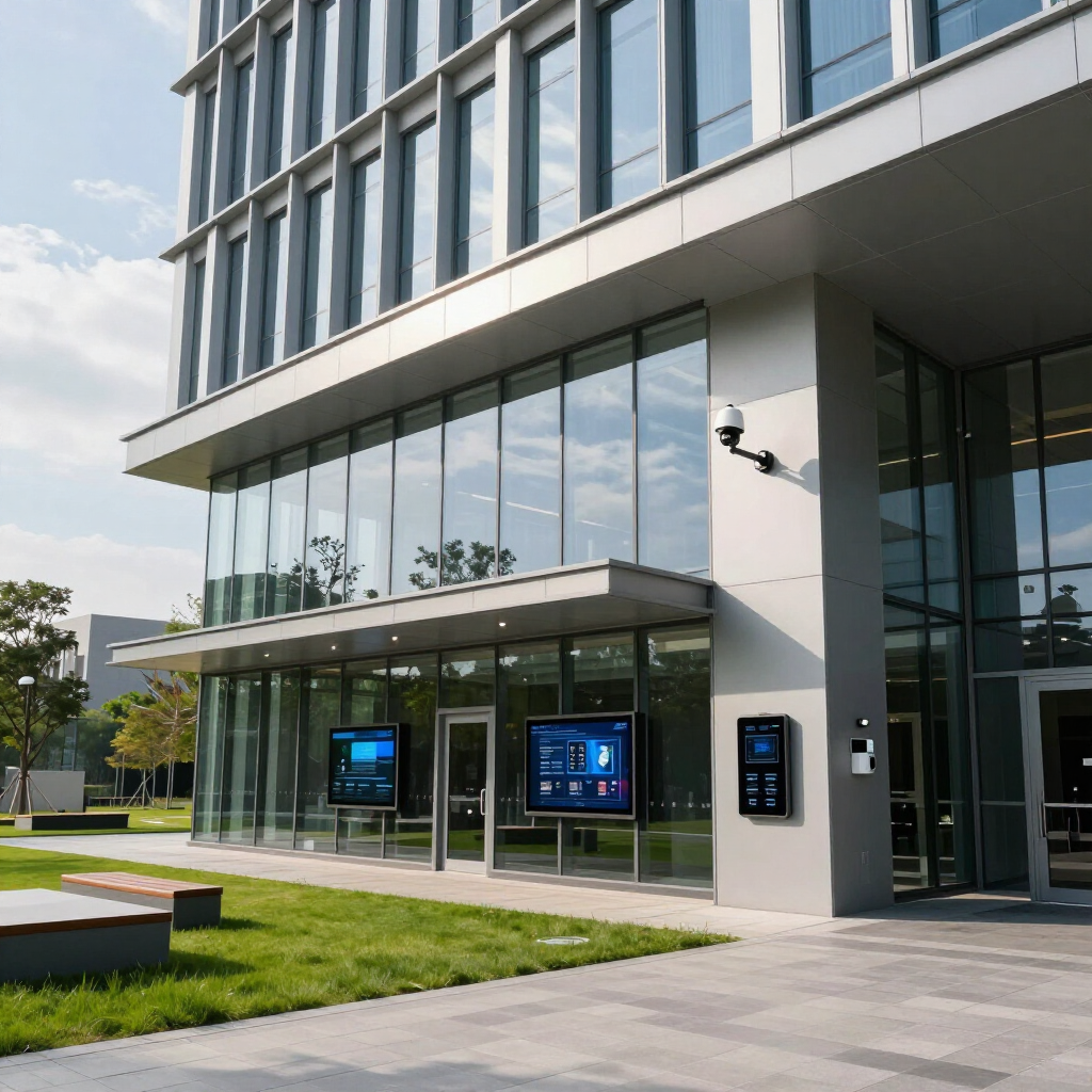 Modern glass office building entrance with digital displays and a small landscaped lawn