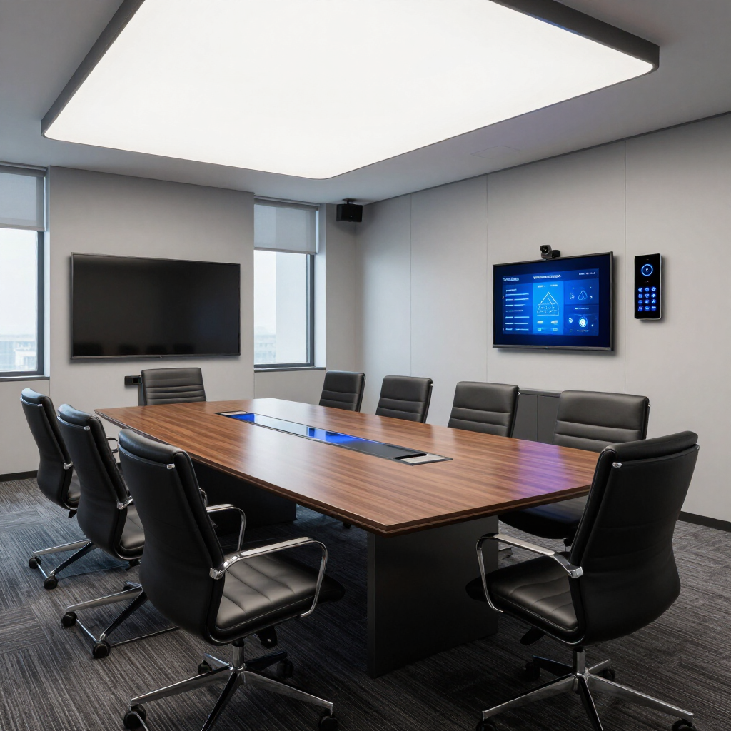 Modern conference room with a large wooden table, black chairs, wall-mounted screens, and windows.