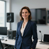 Woman in a navy blazer standing in a modern office studio with audio equipment and monitors