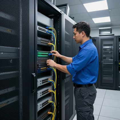 Technician adjusting network equipment in a server room with rack-mounted cables and servers.