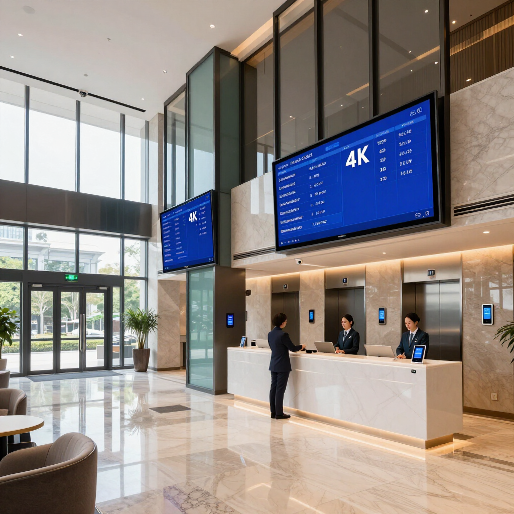 Modern hotel lobby with reception desk, blue digital displays, and a guest checking in