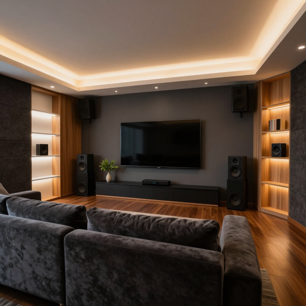 Modern home theater with dark sofa, large wall-mounted TV, speakers, and warm recessed lighting