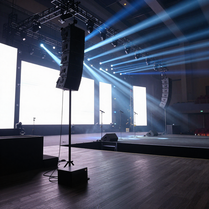 Empty concert stage with bright white screens and blue spotlights in a dark arena