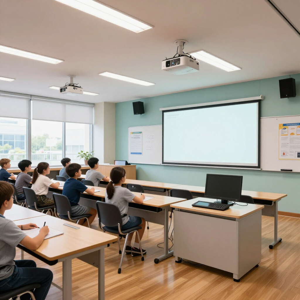 Classroom with students seated at desks facing a projection screen and teacher’s desk at the front
