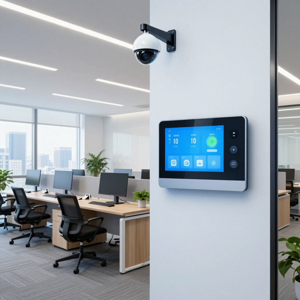 Modern office with desks, monitors, and a wall-mounted security camera beside a touchscreen control panel.