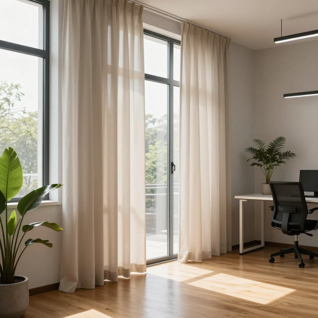 Bright home office with sheer curtains, wooden floor, desk, chair, and potted plants by large windows