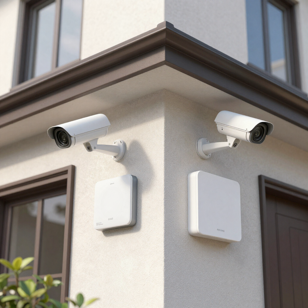 Two white security cameras mounted on a building corner above wall boxes