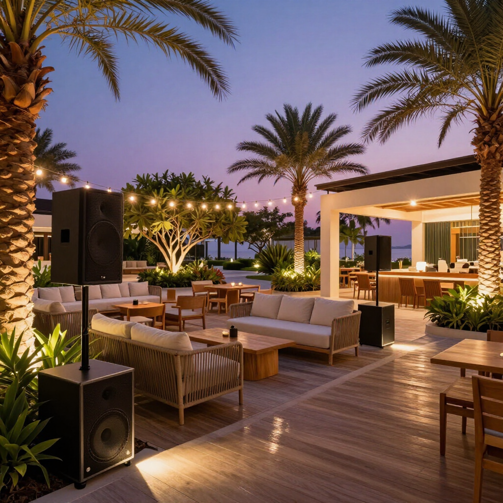 Elegant rooftop lounge at dusk with palm trees, string lights, sofas, and a glowing bar overlooking the water