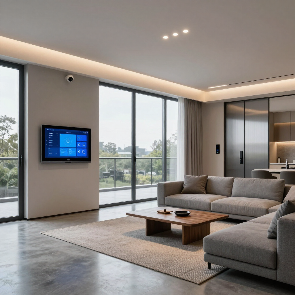 Modern living room with gray sectional sofa, coffee table, wall-mounted TV, and large windows overlooking greenery