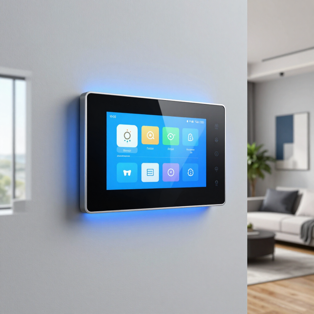 Wall-mounted smart home control panel with glowing blue light in a modern living room