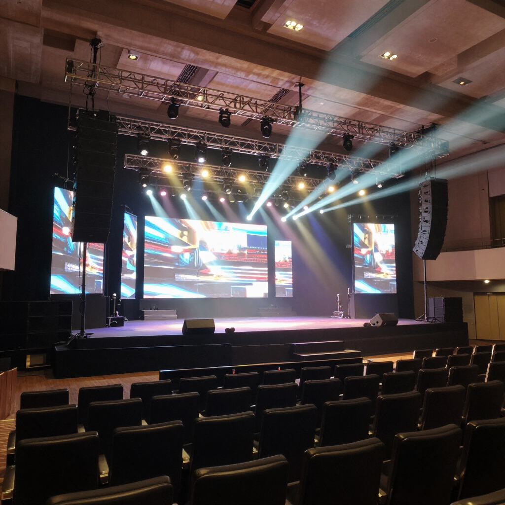 Empty auditorium with a lit concert stage, large screens, and rows of chairs facing forward