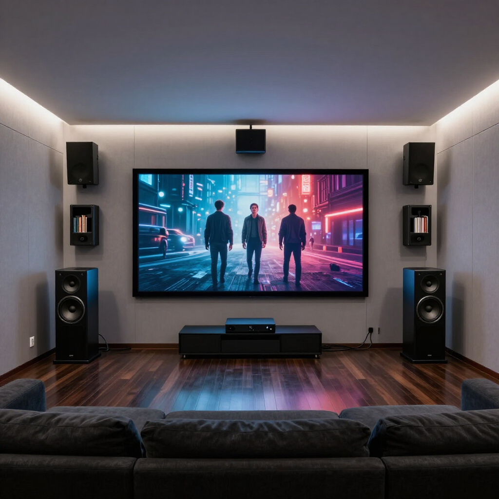 Modern home theater with a large screen, surround speakers, and dark seating facing a neon city scene