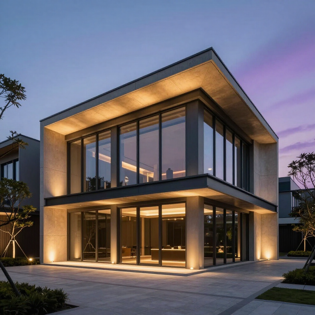 Modern two-story glass house at dusk with warm interior lighting and purple evening sky