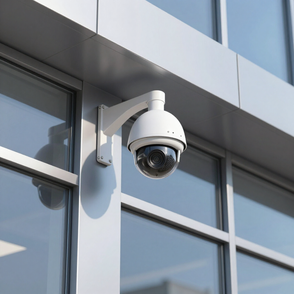 White security camera mounted on a modern building exterior above reflective windows