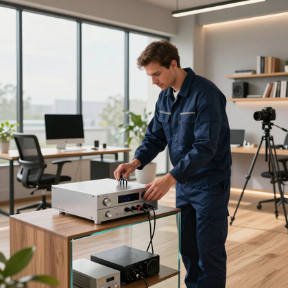 Technician adjusting audio equipment on a table in a bright studio with cameras and office desks.