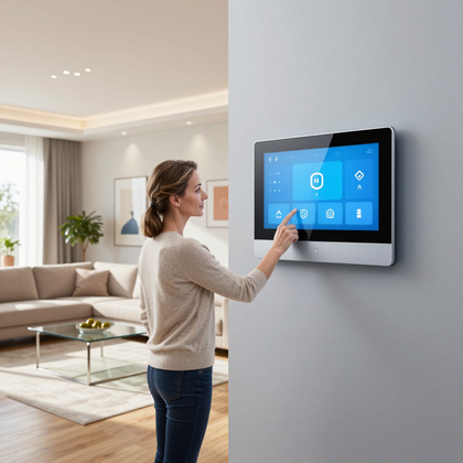 Person using a wall-mounted smart home touchscreen in a modern living room.