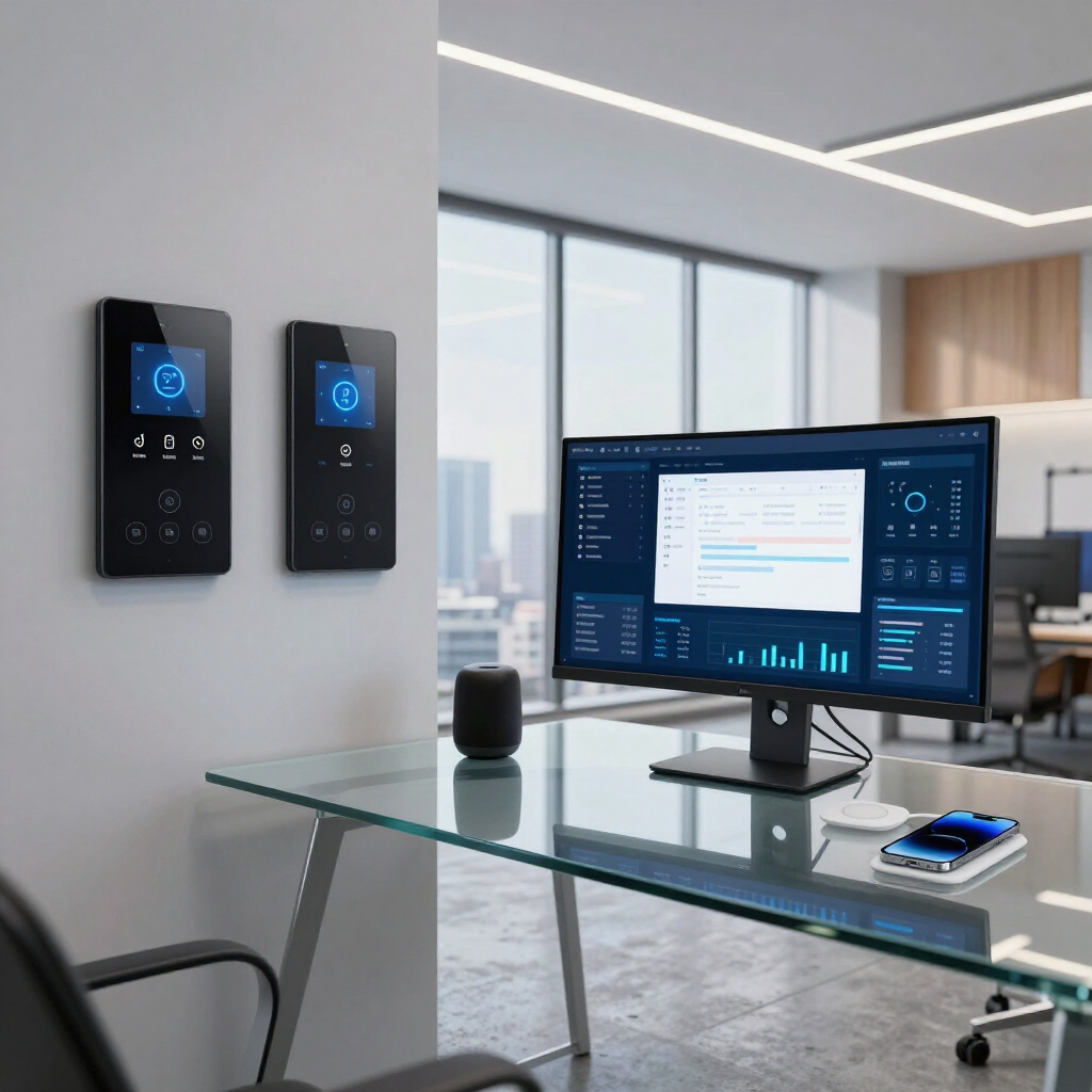Modern glass office with two wall panels and a desktop monitor on a clean desk